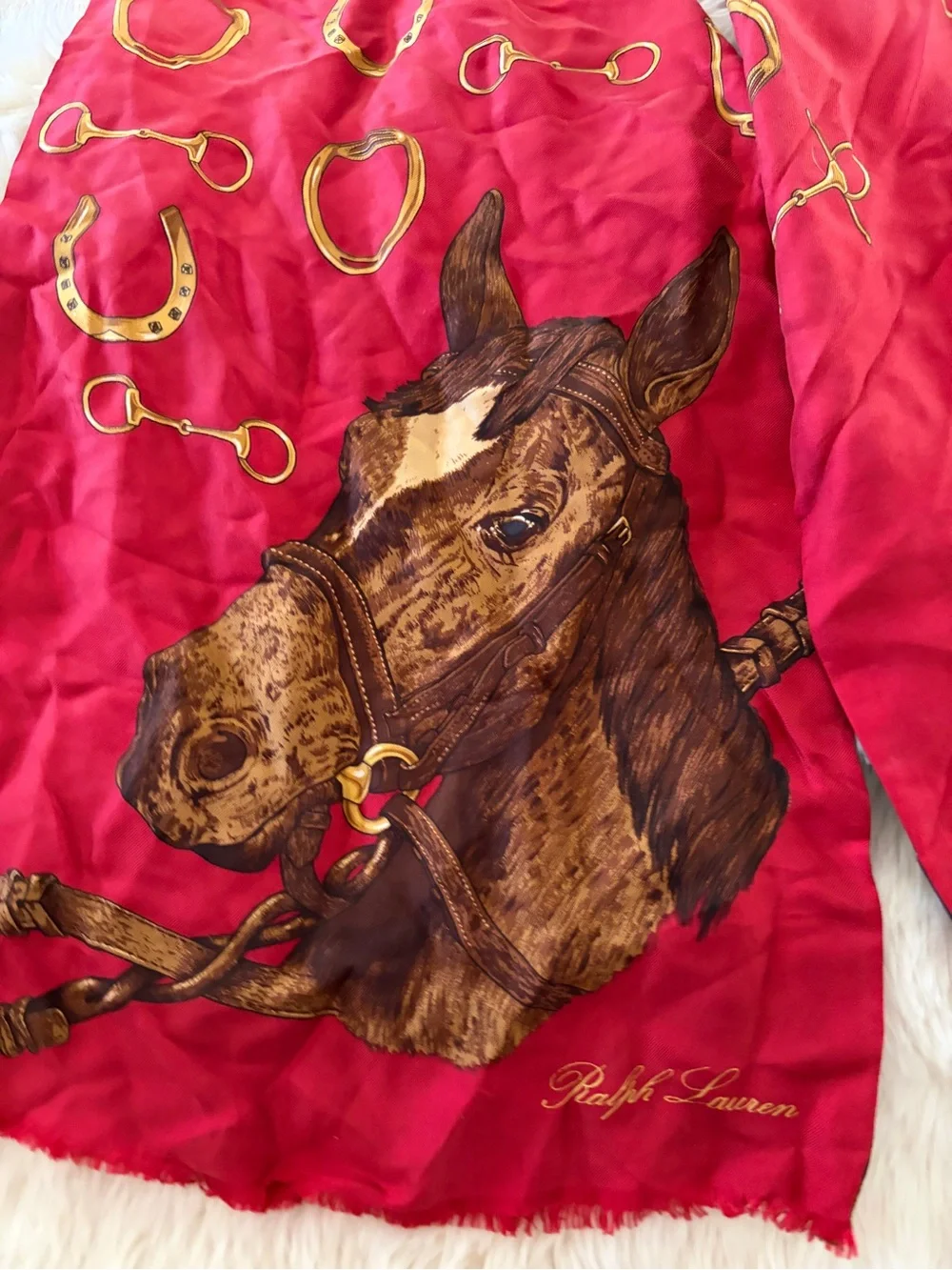 Equestrian Print Red Silk Scarf by Ralph  Lauren Vintage ascot
